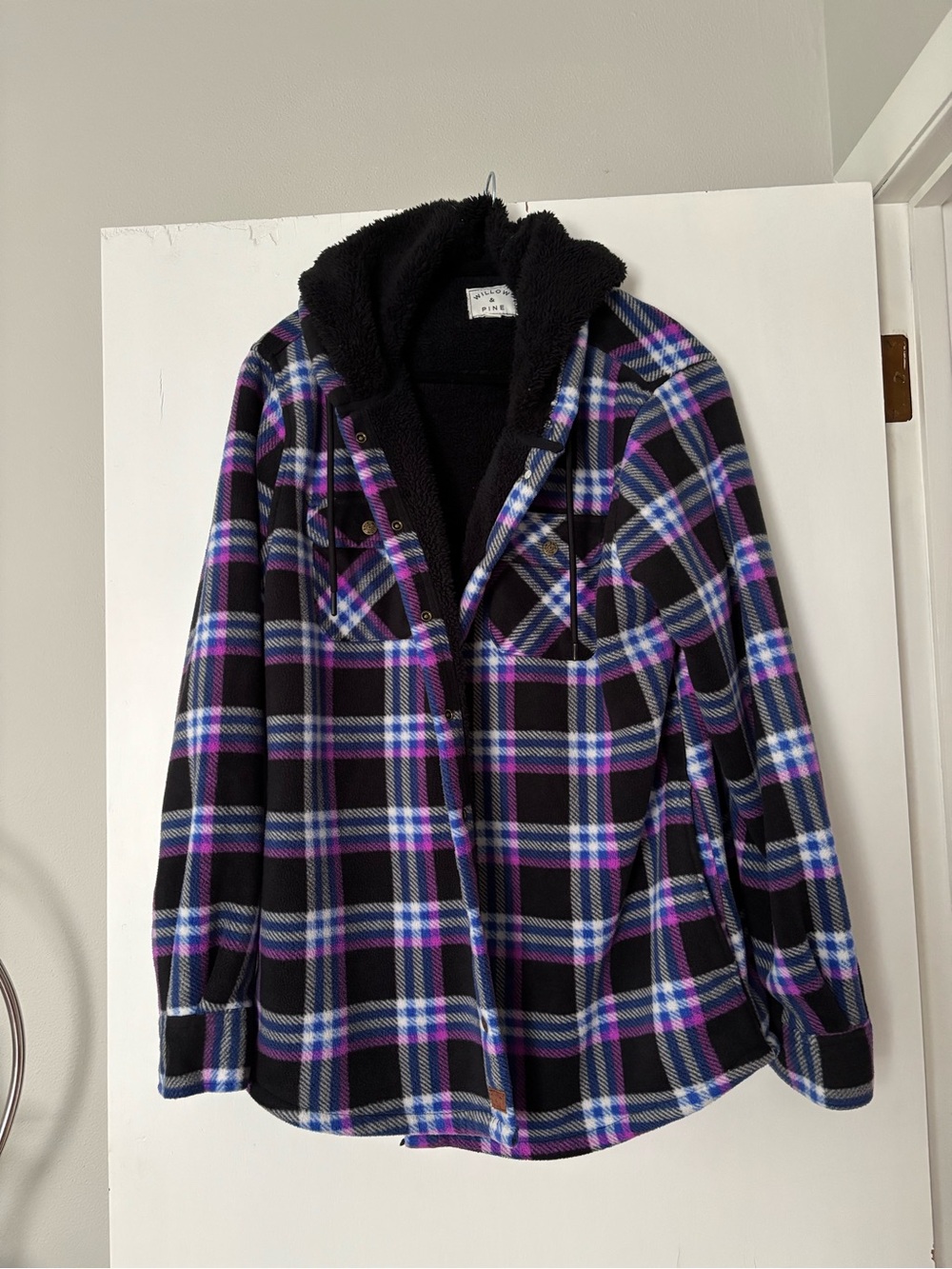 Black Plaid Sherpa-Lined Shacket with Purple & Blue Accents